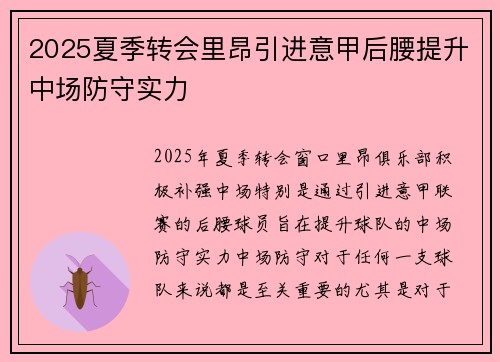 2025夏季转会里昂引进意甲后腰提升中场防守实力